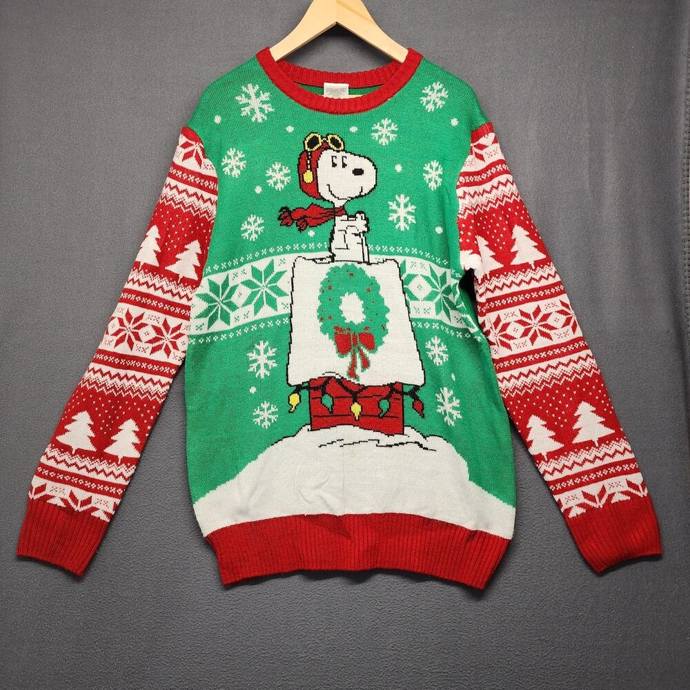 Peanuts Snoopy Christmas Sweater Mens Large Green Red Ugly Holiday Crew Knit